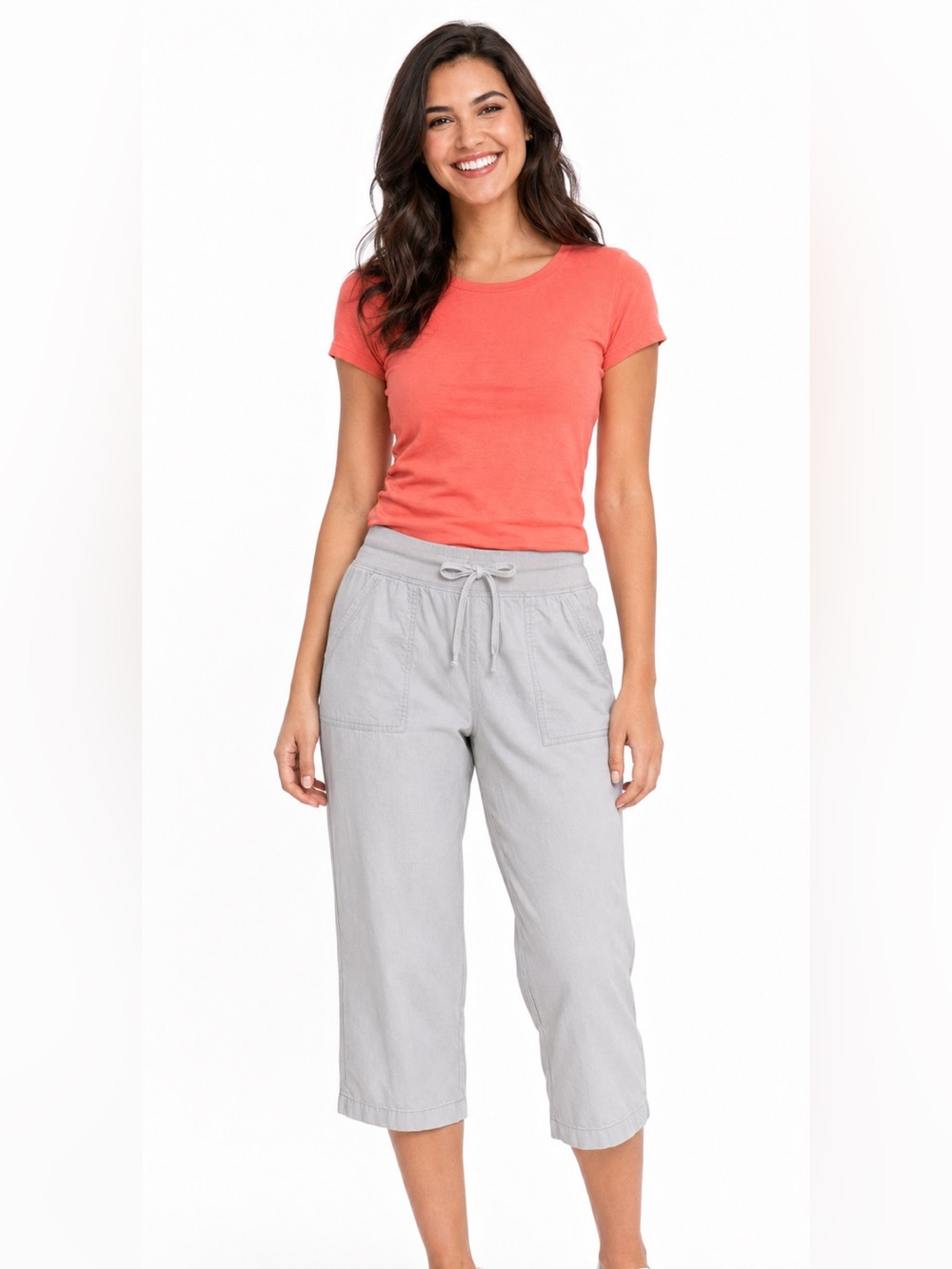Intro Love The Fit Capri Pants Womens Ivory Crop Roll Tab Pull On Stretch Size 4